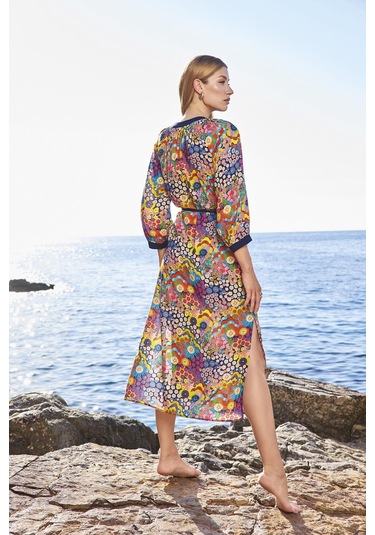 Monamise Kadın Çiçek Desenli Yırtmaçlı Truvakar Kollu V Yaka Elbise 25055 Lacivert