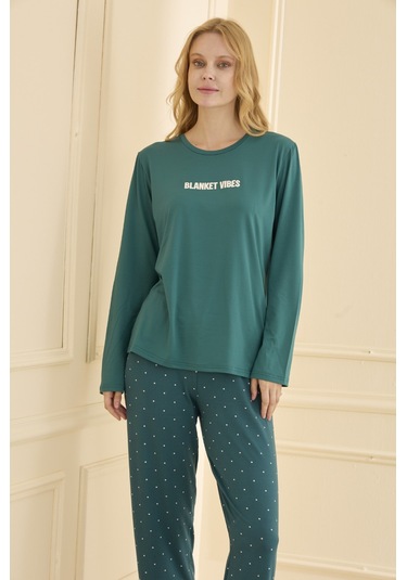 Mihra Kadın Pijama Takımı Uzun Kol Mevsimlik Yeşil