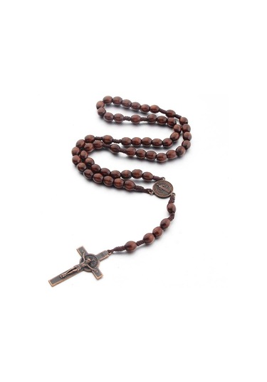 Ahşap Boncuk El Yapımı Tel Vintage Haç Kolye Koyu Kahve Çok Renkli