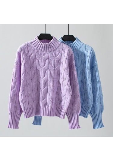 Tongxida Kadın Büyük Beden Yarım Yüksek Yaka Bükülmüş Örgü Kazak - Sonbahar/kış - Bol Bükülmüş Çiçekli Kazak - Mor Mor