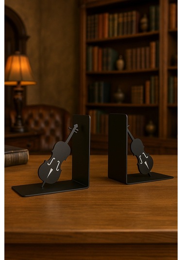 Çello Figürlü Metal Kitap Tutucu 2 Li Set Müzik Temalı Dekoratif Kitaplık Düzenleyici