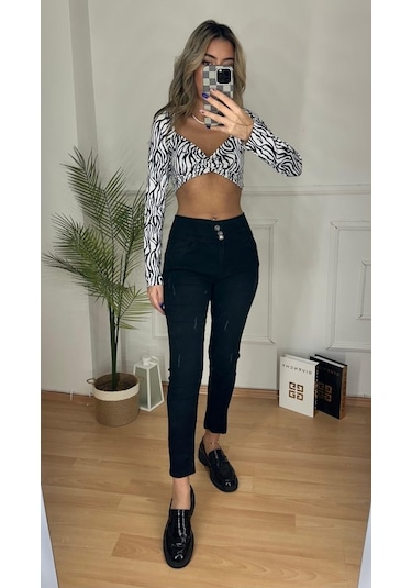 Simala Yüksek Bel Likralı Jean Pantolon 90 Cm Siyah