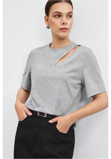 Cool Tarz Omuz Dekolteli Basic Kadın Tişört Modern Kesim Günlük Bluz Gri