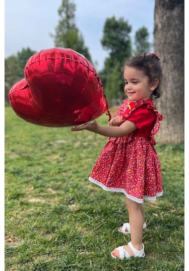 Dantel Ve Fırfır Detaylı Çiçekli Kırmızı Kız Çocuk Bebek Elbise 001
