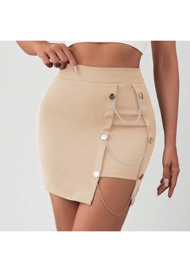 Zincirli Mini Etek S241008 Bej