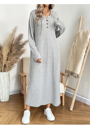 Kadın Uzun Kollu Kapşonlu Bağcıklı Şardonlu Kaşkorse Uzun Elbise Çok Renkli