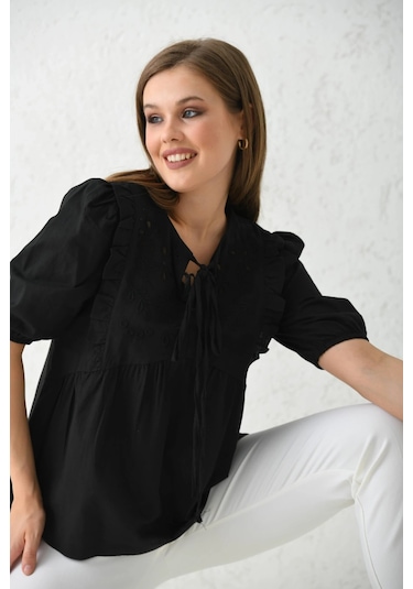 Kadın Bisiklet Yaka Balon Kol Nakış Detylı Volanlı Dokuma Yazlık Bluz Siyah