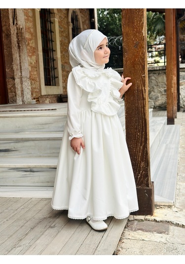 Ayperi Kız Çocuk Tesettür Elbisesi Merasim Elbisesi,başörtülü Takım 3-12 Yaş Uygun Beyaz