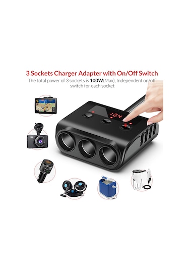 Geeroyoo 100w Yüksek Güçlü Araç Şarj Cihazı: 3 Priz, 4 Usb Portlu, Led Voltaj Göstergeli, On-off Anahtarlı, Araba, Kamyon, Suv İçin