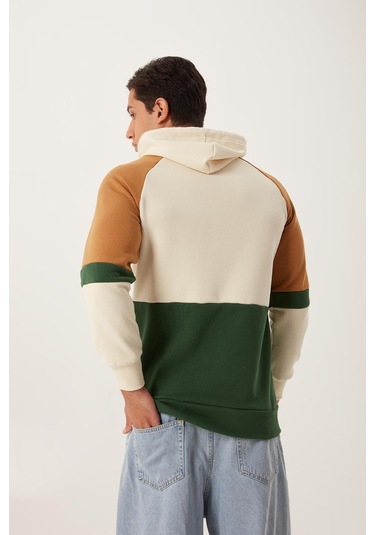 Erkek Parçalı Kapüşonlu 3 İplik Sweatshirt Ekru