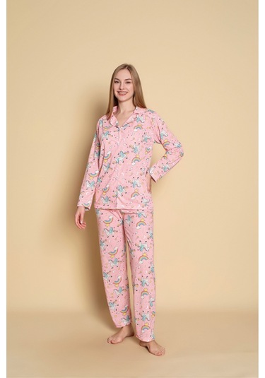 Kadın Desenli Düğmeli Uzun Kol Pijama Takımı Pembe