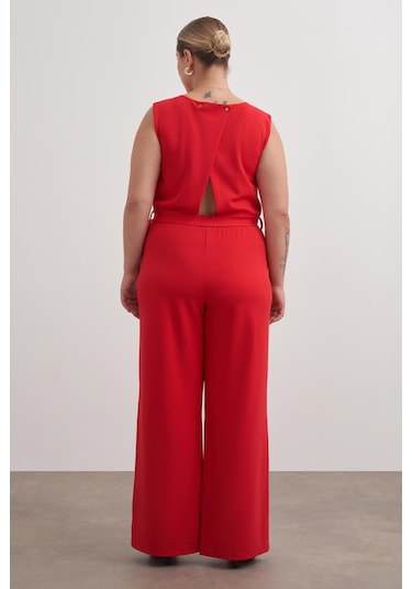 Pencere Detaylı Cepli Örme Tulum-6180 Kırmızı