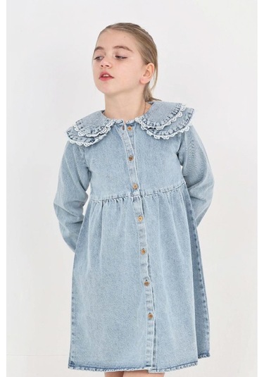 Kız Çocuk Çift Yaka Detaylı Ve Boydan Düğmeli Jean Elbise 12341 Açık Mavi