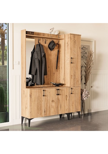 Set 5100-5102 Inca Sol Aynalı 5 Kapaklı 4 Askılı Raflı Portmanto Atlantik Çam Çam