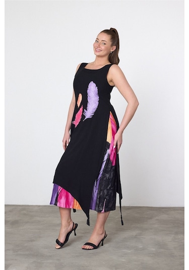 Schık Kadın Yazlık Bol Kolsuz Rahat Baskılı Elbise Lila