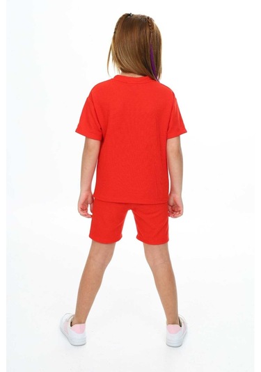 Bisiklet Yaka Şortlu Kız Çocuk Şortlu Takım Neon Turuncu