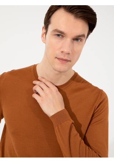 Cacharel Tarçın Slim Fit Bisiklet Yaka Basic Triko Kazak Turuncu