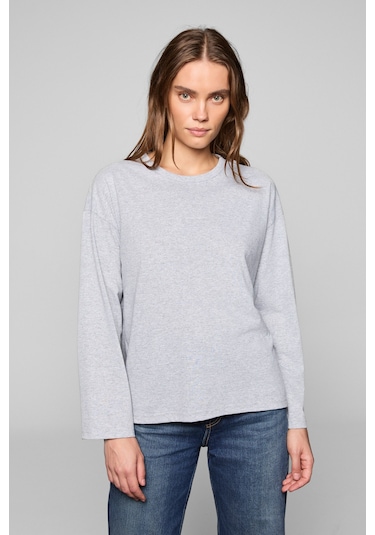 Grımelange Basıl Kadını Oversize %100 Organik Pamuk Örme Uzun Kol Grimelanj T-shirt Gri Melanj