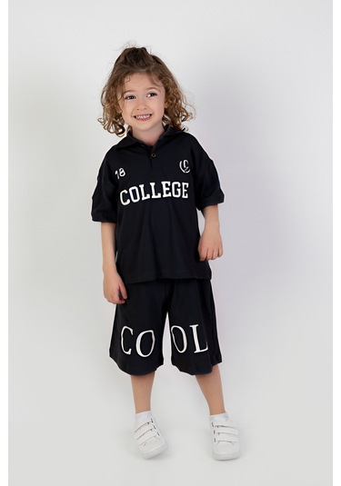 Erkek Çocuk College Baskılı Şortlu Kısa Kollu Polo Yaka Lekos Kumaşbasic Takım 2-5 Yaş Siyah