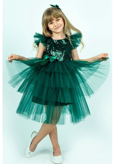 Yeşil Pullu Kız Çocuk Parti Elbisesi