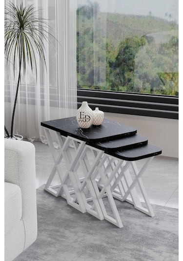 Milano 3'lü Zigon Sehpa Beyaz Metal - Siyah Mermer Tabla