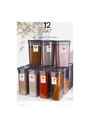 KitchenLife 12'li Mega Boy Etiketli Dikdörtgen Erzak Saklama Kabı Seti 3200ml Çay Şeker Saklama Kabı 3.2 Litre Çok Renkli