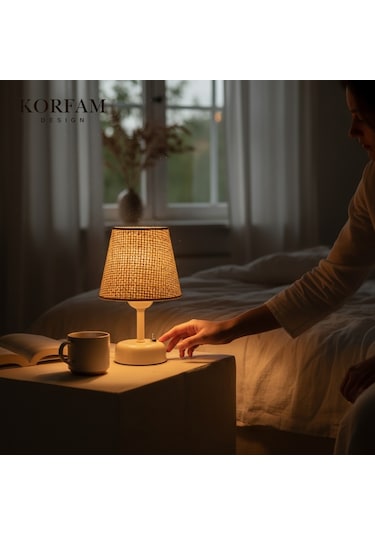 Krem Hasır Görünümlü Başlık Kablosuz Pilli Masa & Gece Lambası Çok Renkli