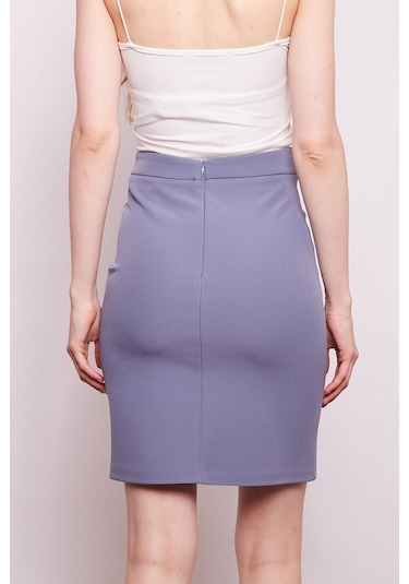 Yüksek Bel Diz Üstü Likralı Pamuklu Şık Kumaş Kalem Etek-Koyu Mav