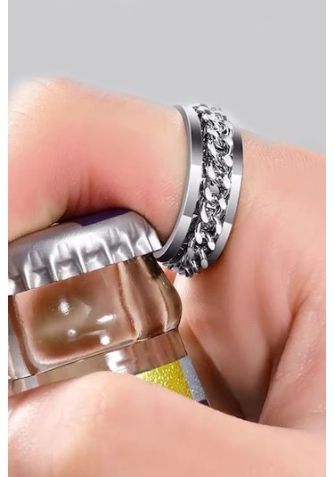 Ortası Dönebilen Zincirli Erkek Kadın Anti-stres Çelik Alyans Yüzük Cl43 Beyaz