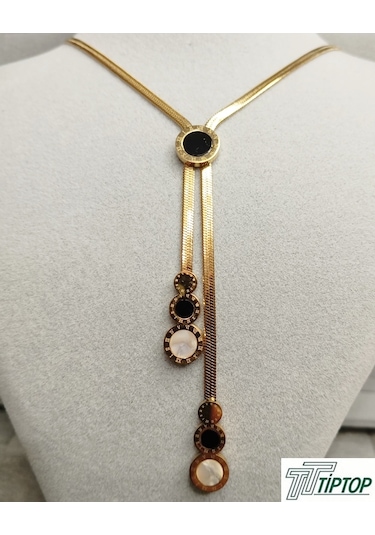 Siyah-beyaz Mineli Gold Renk Kolye Gold