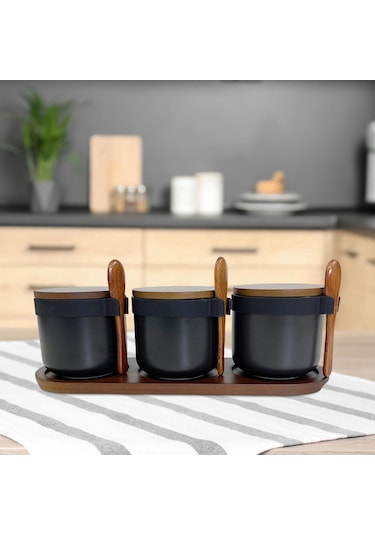 Suntek Magideal 3 Adet Seramik Baharat Kavanozları Porselen Çeşni Siyah