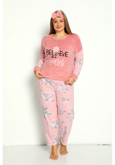 Nisanca Büyük Beden Peluş Polar Pijama Takımı- Saç Bandı Hediyeli Pembe