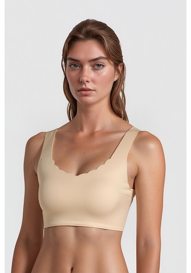 Ten Dikişsiz Lazer Kesim Sütyen Pedli Kadın Hayalet Sütyen Dalga Detaylı Ten