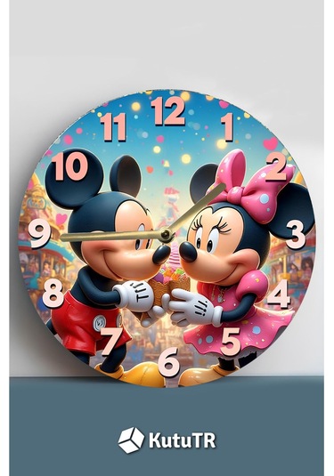 Mickey & Minnie Temalı Renkli Mdf Duvar Saati 3d Görünümlü, Sessiz Mekanizmalı, 2d Hd Baskı Sdw242 Renkli