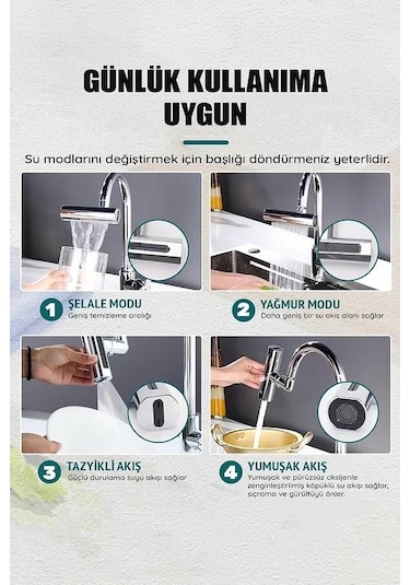 Krom Tasarruflu 4 Modlu Ayarlanabilir Musluk Başlığı Lavabo Batarya Fiskiye Ucu Perlatör
