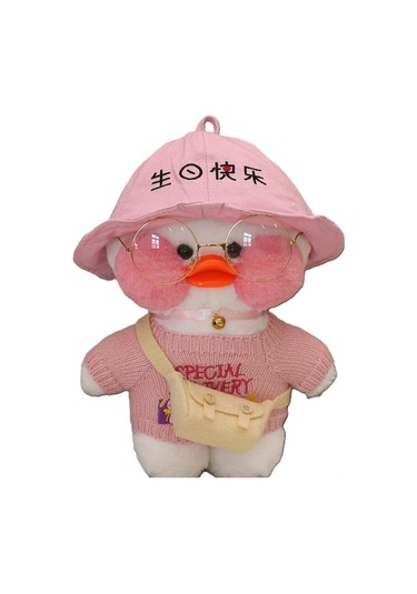 Dofolink 30 Cm Hyaluronik Asit Ordek Pelus Oyuncak - Kirmizi Kazak + Dogum Gunu Sapkasi + Canta + Gozluk, Hediye/pencere Dekoru Icin El Yikamasi Tavsiye Edilir El Torbasi Hediye