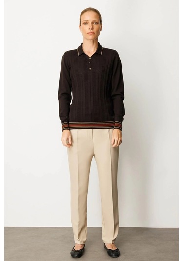 Desen Triko Polo Yaka Simli Çizgili Kadın Yün Bluz 25080d Kahve