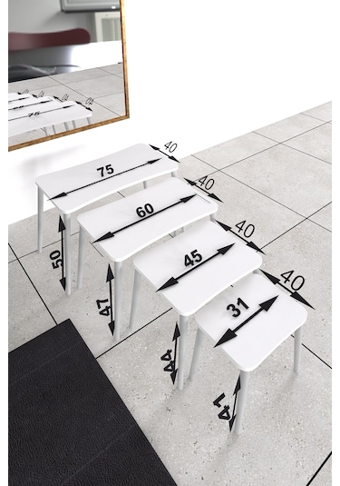 Selen 4lü Zigon Sehpa Ahşap Beyaz Ayaklı Salon Seti Çay Sehpası Çam