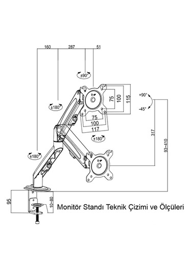 Ergonomik Led Monitör Tutucu Gaz Amortisörlü Lcd Vesa Standı13-27