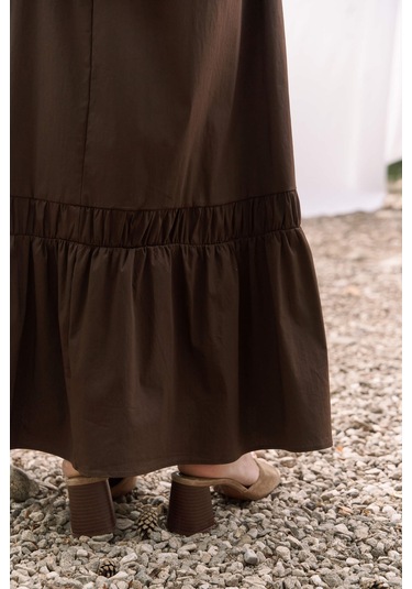 Elisa Gül Detay Koyu Kahve Uzun Elbise