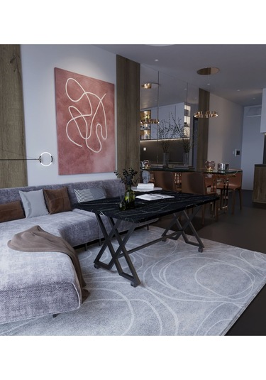 Makbulce Reyyan Orta Sehpa Siyah Metal Ayak Tekerlekli Siyah Mermer