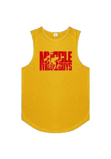 Sarı Muscleguys Spor Moda Tank Top Yaz Spor Salonu Vücut Geliştirme Kolsuz T-shirt Erkek Tranning Yelek Spor Örgü Muscleguys Baskılı Atlet