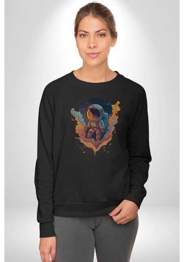 Bulutlar Astronot Uzay Unisex Siyah Baskılı Sweatshirt Siyah