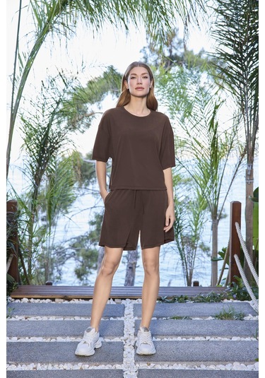 Monamise Kadın Kısa Kollu Bisiklet Yaka Alt Üst Takım 25085 Kahve