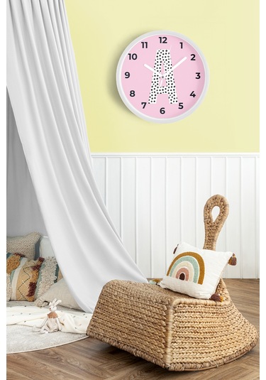 A Harfi Kız Odası Duvar Saati - 30cm - Önü Camlı Beyaz Kasa - Sessiz Mekanizma Beyaz