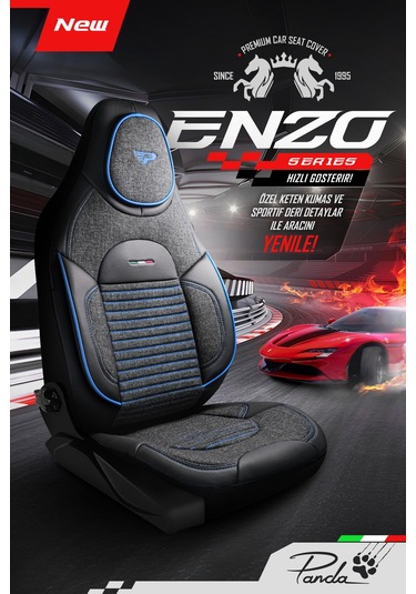 Füme - Mavi Panda Enzo Serisi Keten Kumaş Oto Koltuk Kılıfı - Tam Set