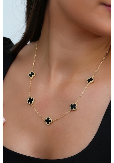 14k Altın Kaplamalı 925 Ayar Gümüş Granada Saray Yoncaları Kolye - Siyah Oniks 23182802 Altın