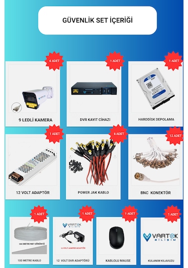 6 Kameralı Set - 500 Gb Hdd, 9 Led Gece Görüşlü Full Hd Kamerası