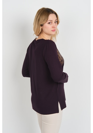 Detay Triko Kadın Boncuk İşlemeli Parlak Desenli Uzun Kol Anne Bluz 5744 Mürdüm Mürdüm