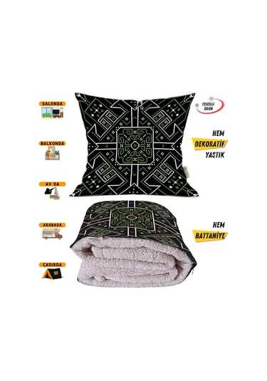Yeşil Siyah Etnik Desen Tv Battaniyeli Opsiyonel Dekoratif Yastık Kırlent 2 İn 1 Battaniye Çok Renkli